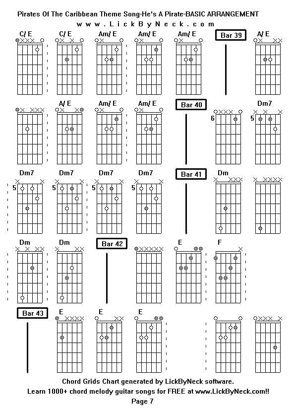 Chord Grids Chart of chord melody fingerstyle guitar song-Pirates Of The Caribbean Theme Song-He's A Pirate-BASIC ARRANGEMENT,generated by LickByNeck software.